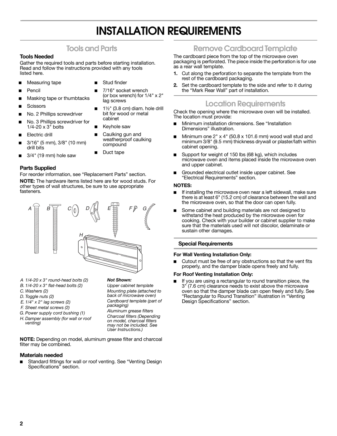 Whirlpool W10238253A Installation Requirements, Tools and Parts, Remove Cardboard Template, Location Requirements 