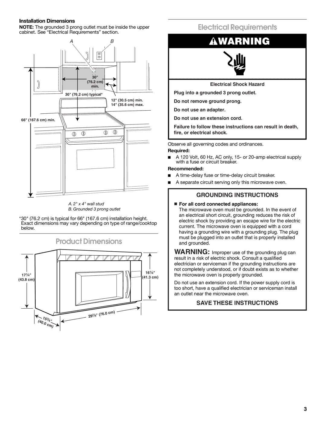 Whirlpool W10238252A Product Dimensions Electrical Requirements, Installation Dimensions, Required, Recommended 