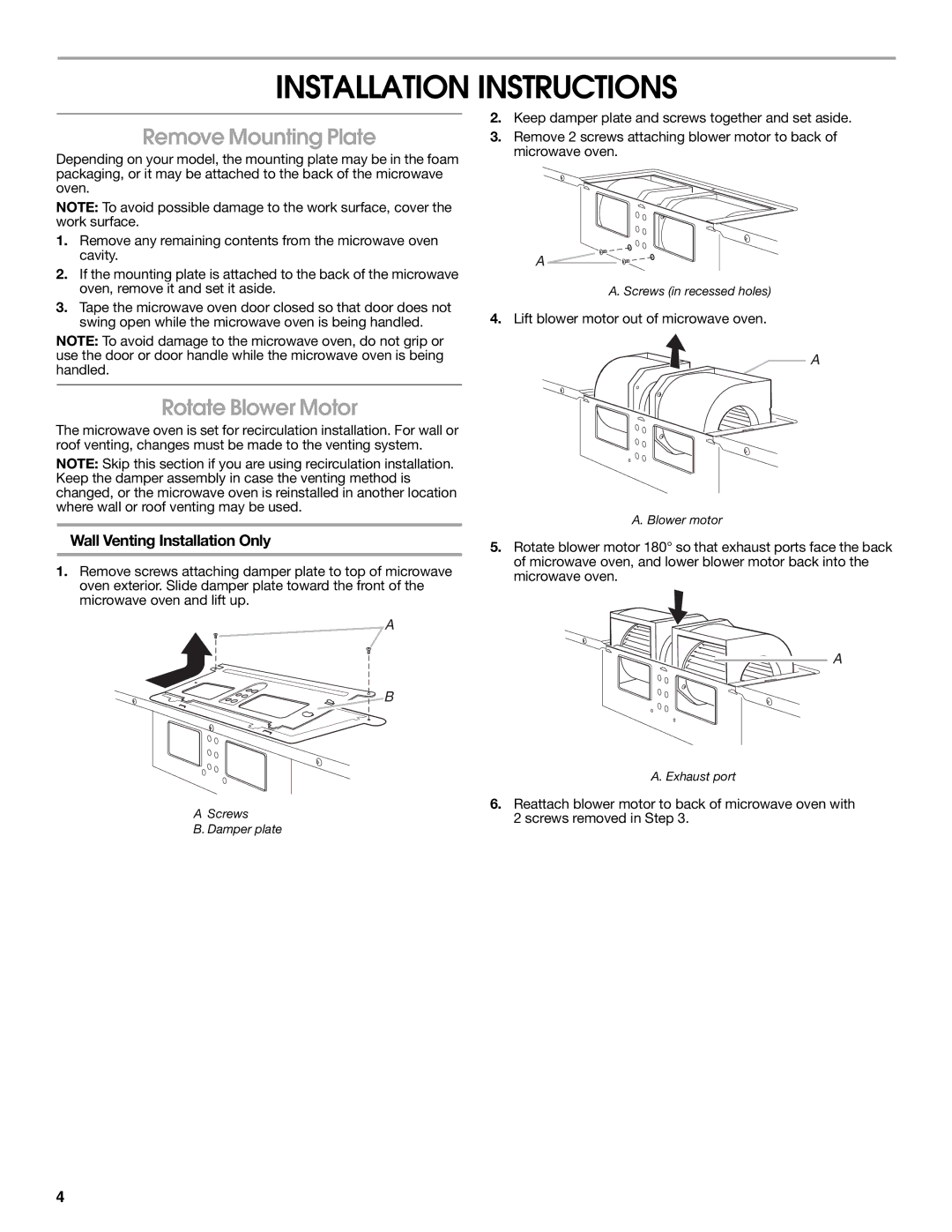 Whirlpool W10238253A Installation Instructions, Remove Mounting Plate, Rotate Blower Motor, Wall Venting Installation Only 