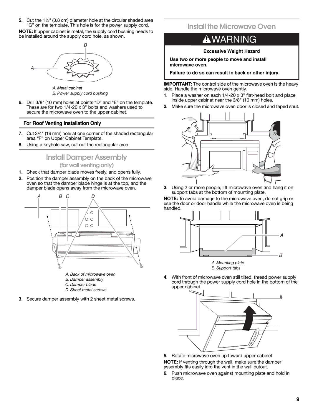 Whirlpool W10238252A, W10238253A Install Damper Assembly, Install the Microwave Oven, For Roof Venting Installation Only 