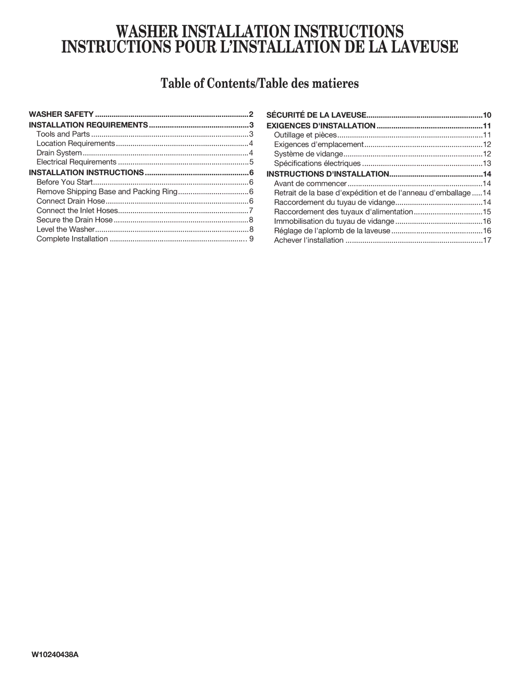 Whirlpool W10240438A installation instructions Washer Installation Instructions 