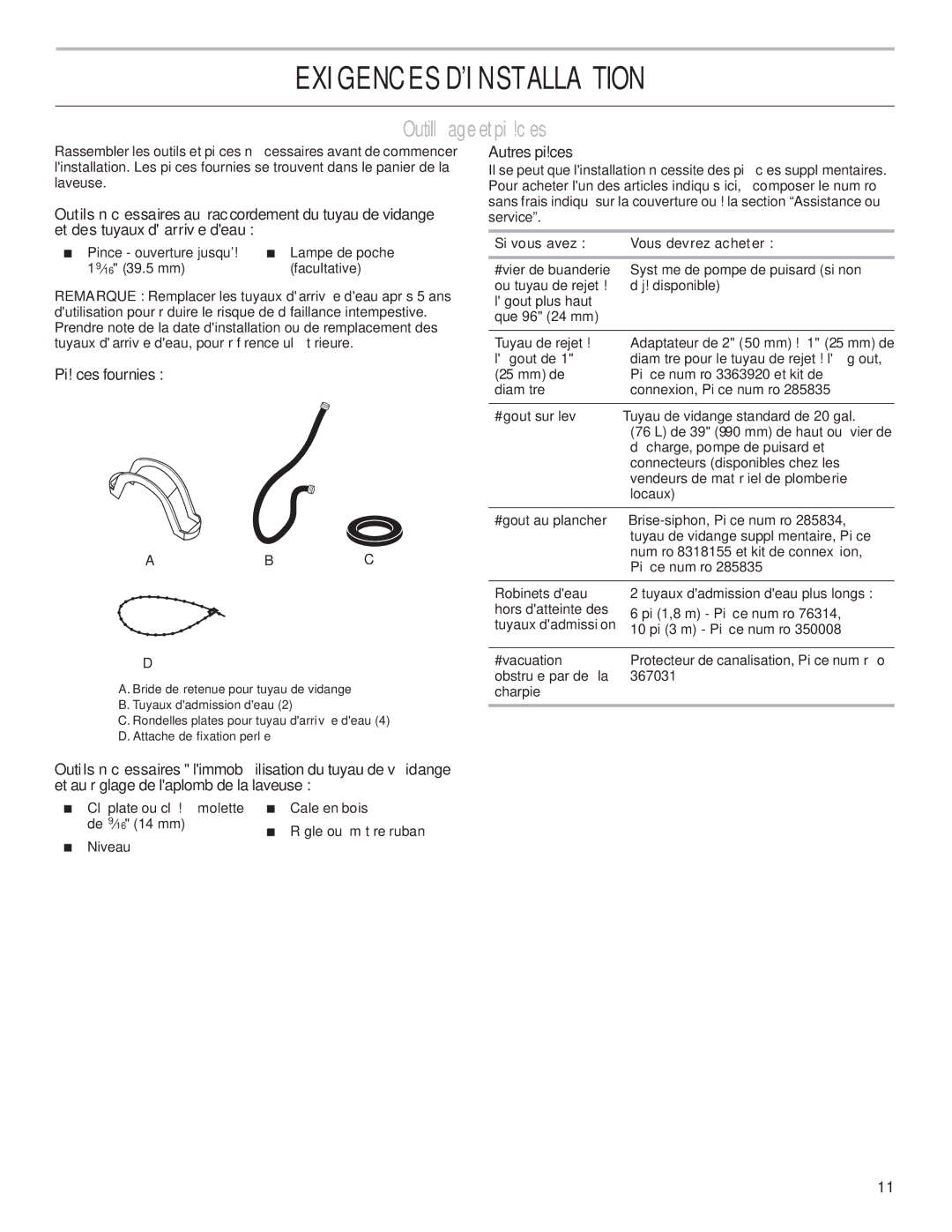 Whirlpool W10240438A installation instructions Exigences D’INSTALLATION, Outillageetpièces, Pièces fournies, Autres pièces 