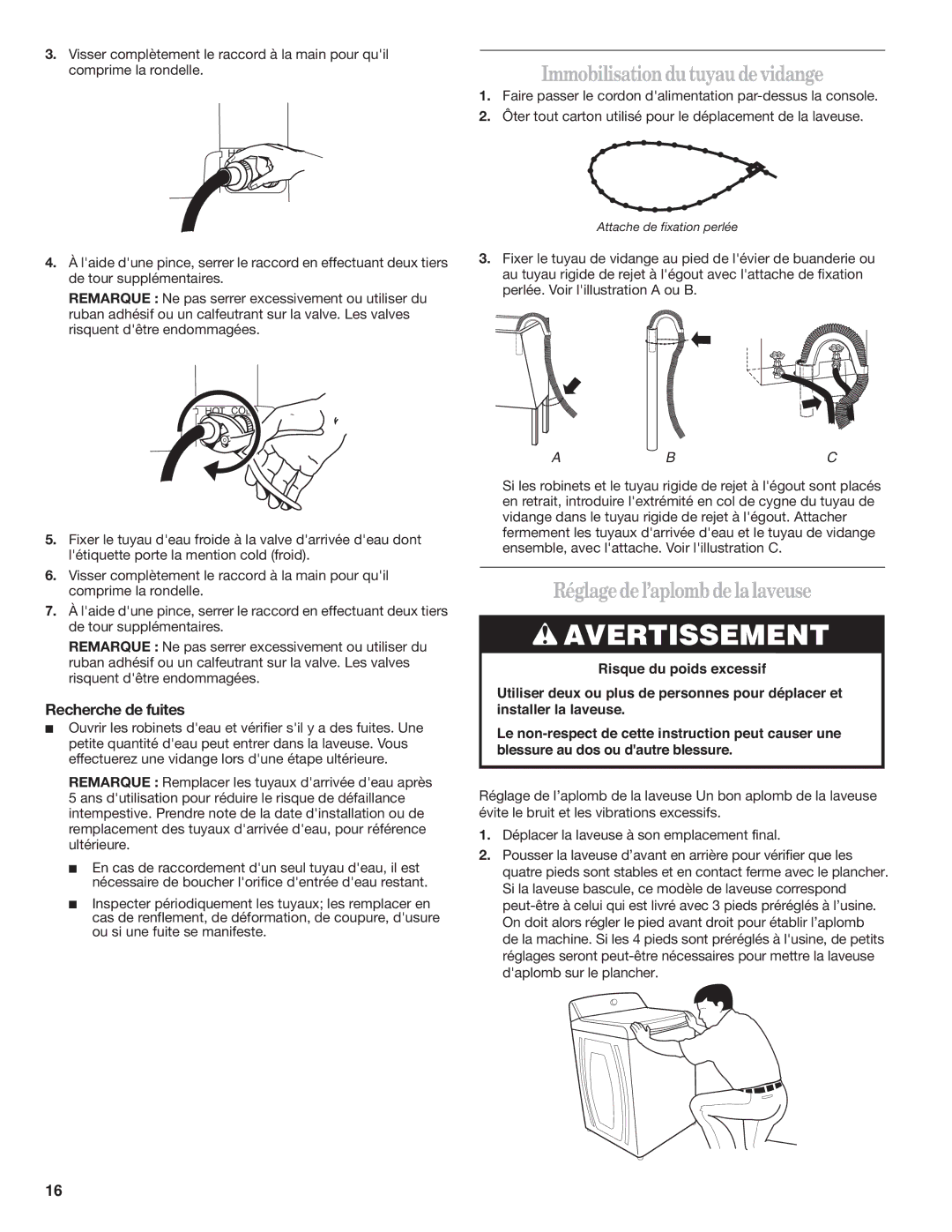 Whirlpool W10240438A Immobilisationdu tuyau de vidange, Réglagede l’aplombde la laveuse, Recherche de fuites 