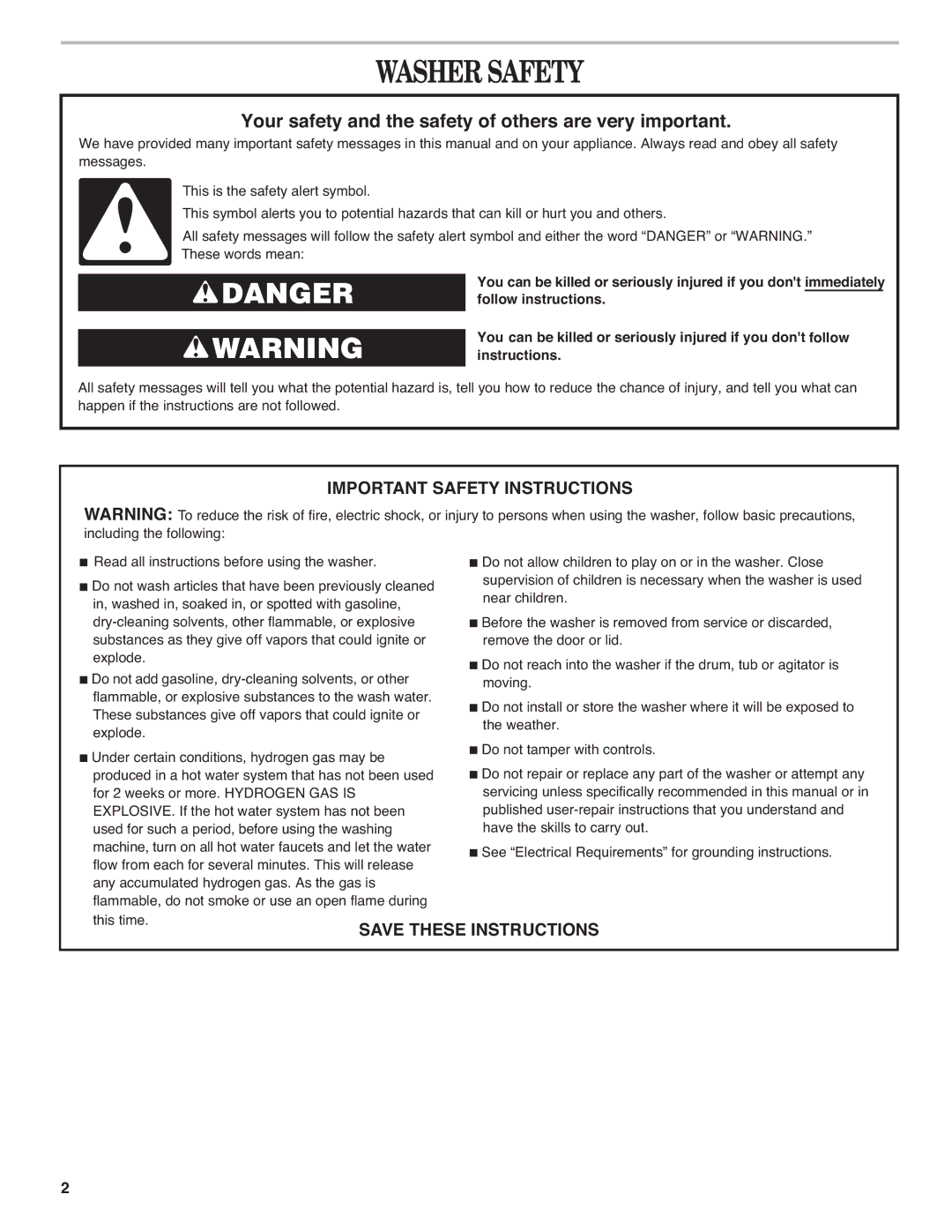 Whirlpool W10240438A installation instructions Washersafety, Important Safety Instructions 