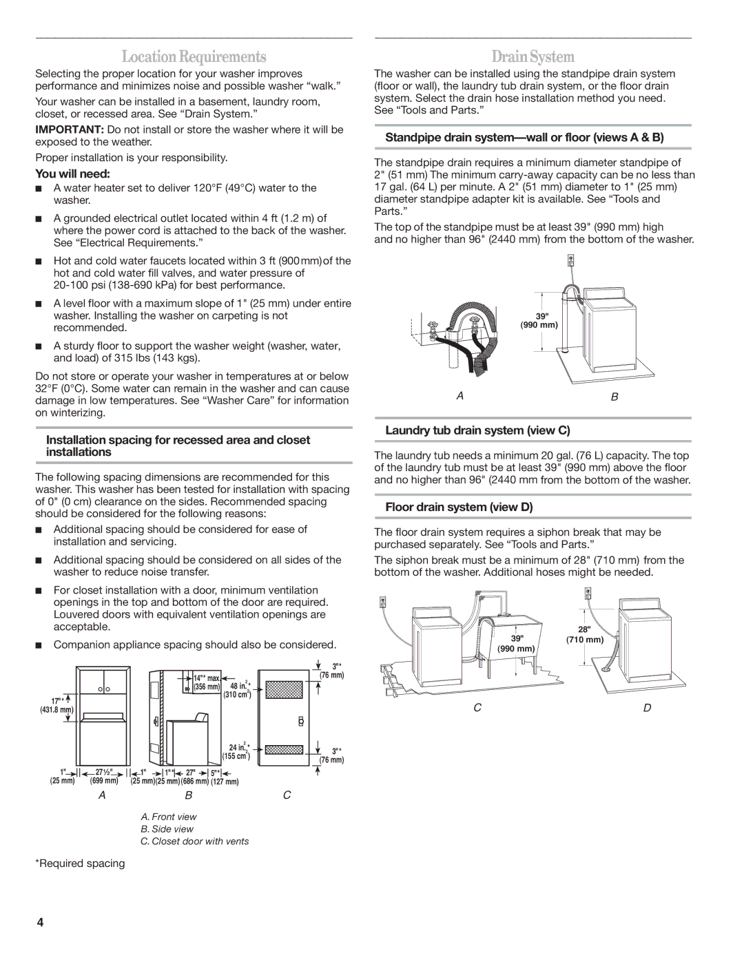 Whirlpool W10240438A installation instructions LocationRequirements, DrainSystem 