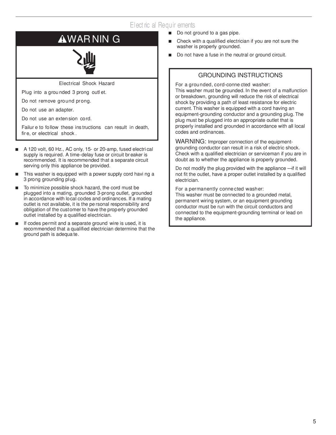 Whirlpool W10240438A installation instructions ElectricalRequirements, Grounding Instructions 