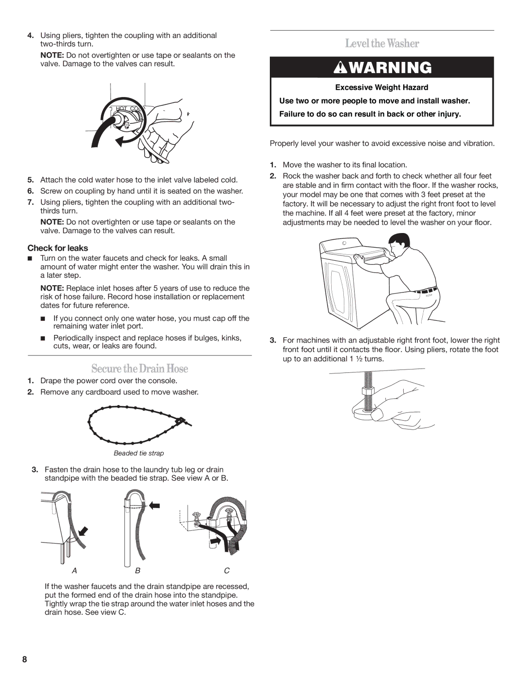 Whirlpool W10240438A installation instructions SecuretheDrainHose, Level theWasher, Check for leaks 