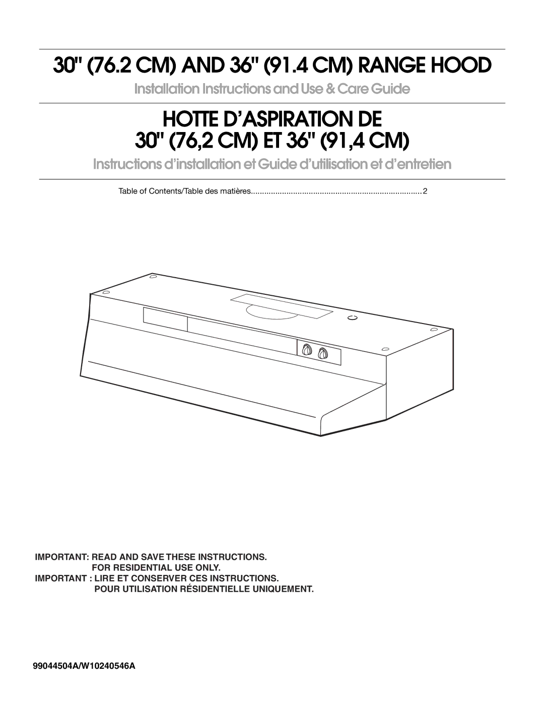 Whirlpool 99044504A, W10240546A installation instructions Hotte D’ASPIRATION DE 