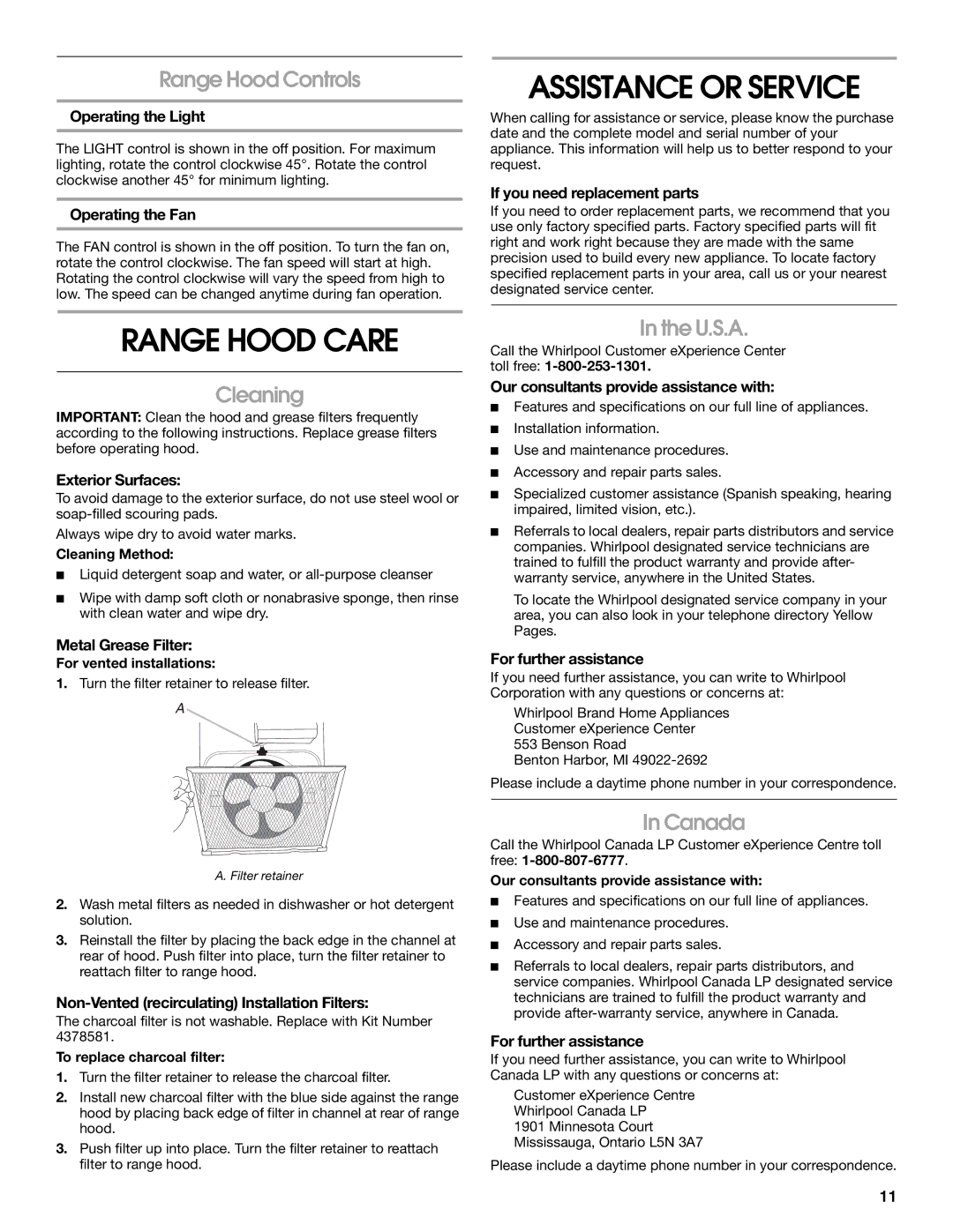 Whirlpool 99044504A, W10240546A installation instructions Assistance or Service, Range Hood Care 