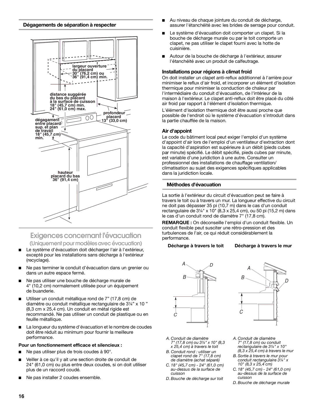 Whirlpool W10240546A, 99044504A Exigences concernant lévacuation, Dégagements de séparation à respecter, Air dappoint 