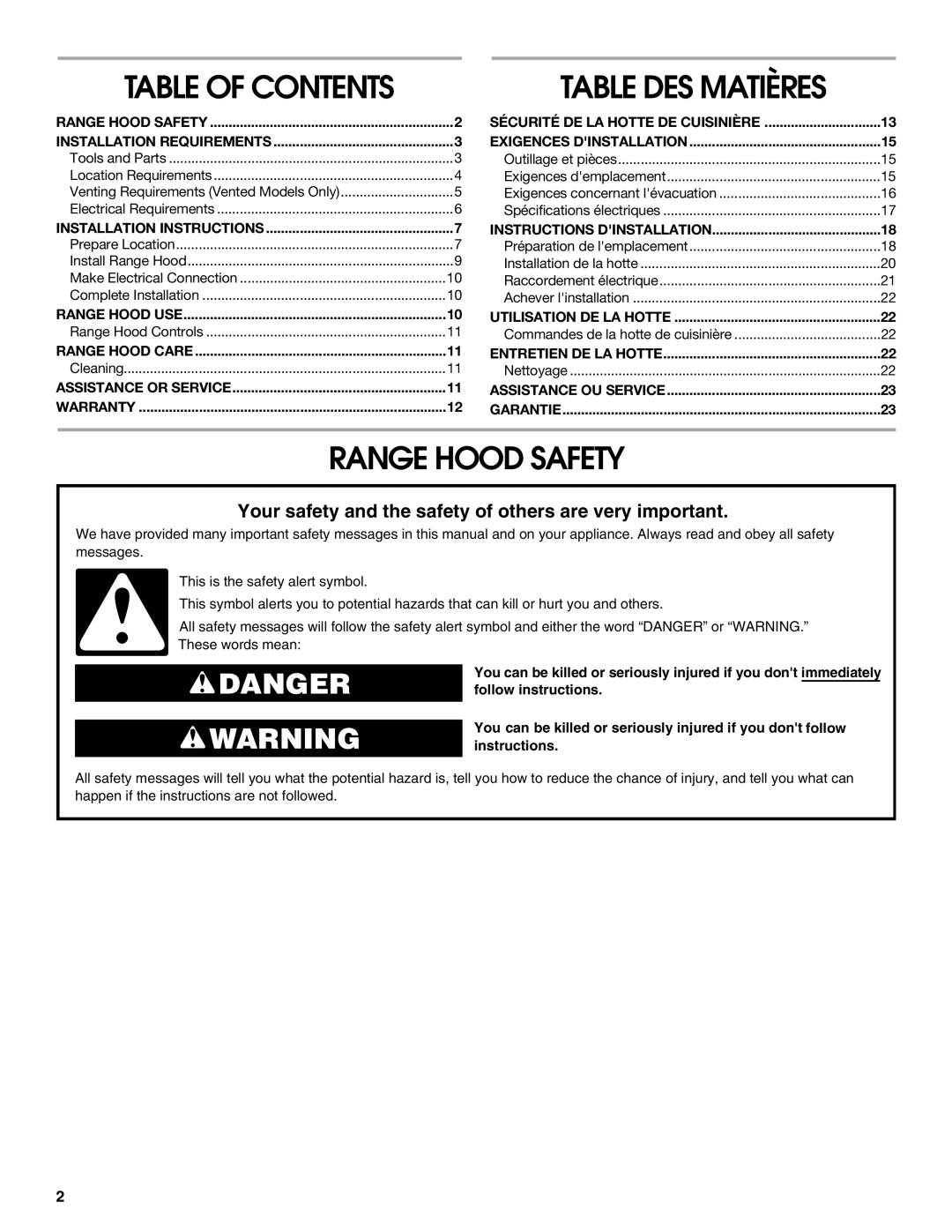 Whirlpool W10240546A, 99044504A installation instructions Range Hood Safety, Table of Contents 