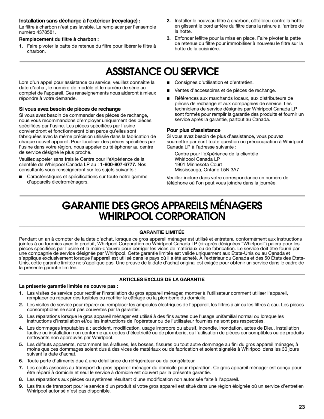 Whirlpool 99044504A, W10240546A Assistance OU Service, Garantie DES Gros Appareils Ménagers Whirlpool Corporation 