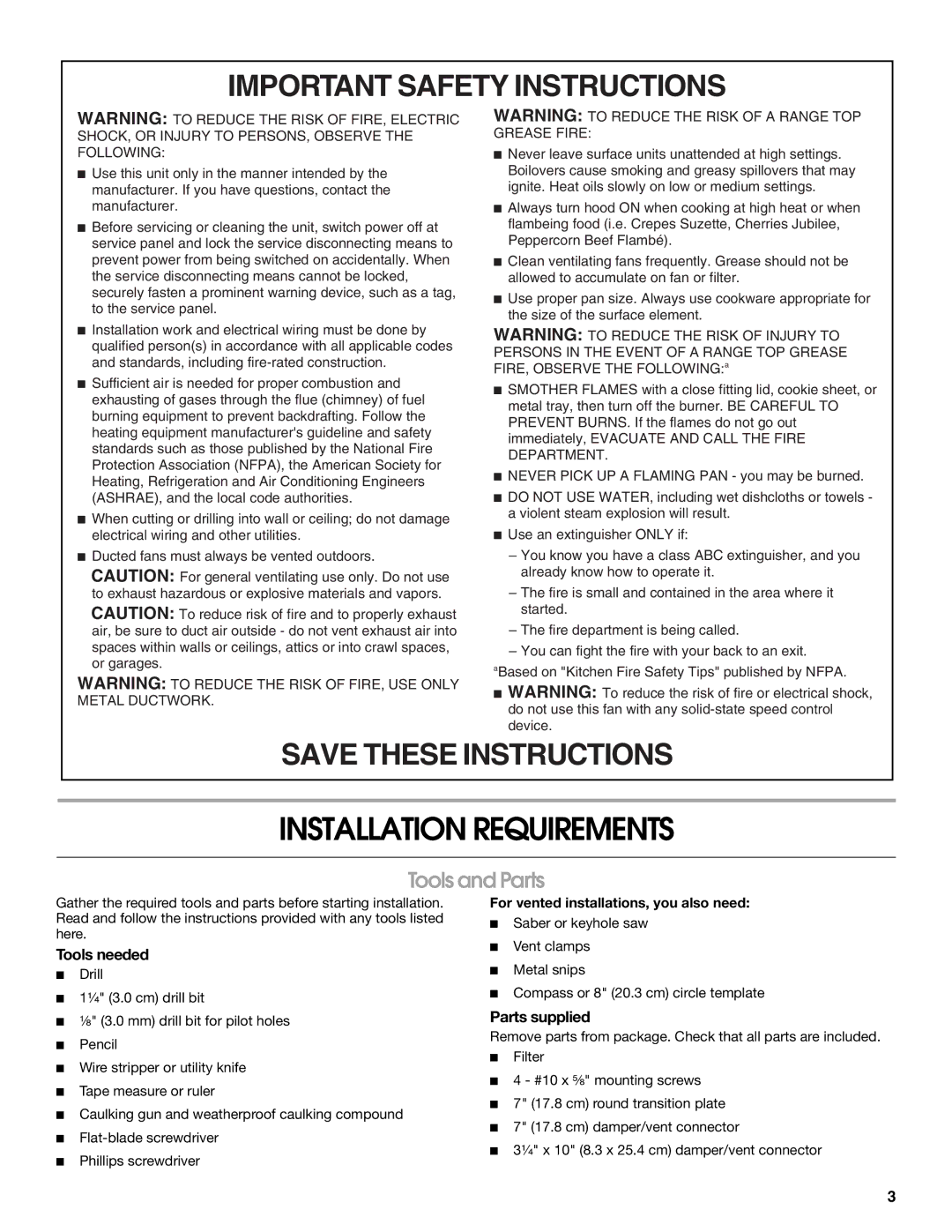 Whirlpool 99044504A, W10240546A Installation Requirements, Tools and Parts, Tools needed, Parts supplied 