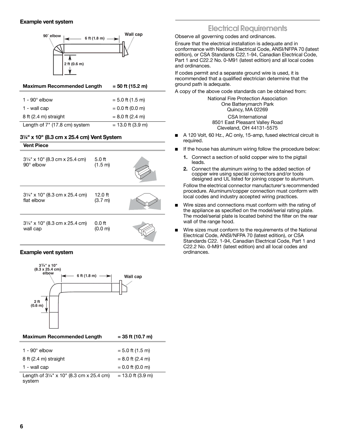 Whirlpool W10240546A, 99044504A Electrical Requirements, Example vent system, ¹⁄₄ x 10 8.3 cm x 25.4 cm Vent System 