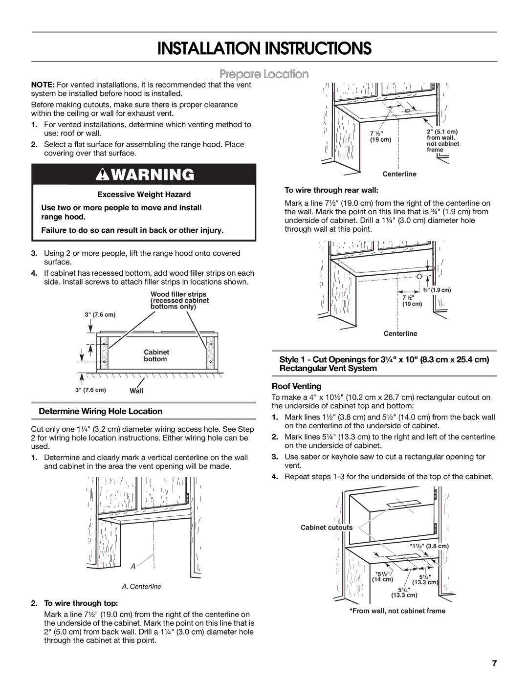 Whirlpool 99044504A Installation Instructions, Prepare Location, Determine Wiring Hole Location, To wire through rear wall 