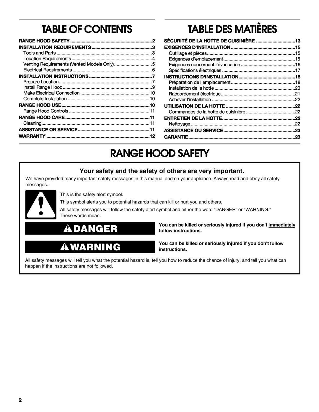 Whirlpool W10240546A Range Hood Safety, Table Des Matières, Danger, Installation Requirements, Installation Instructions 