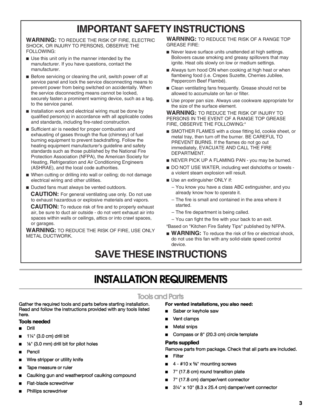 Whirlpool 99044504A Installation Requirements, Important Safety Instructions, Save These Instructions, Tools and Parts 