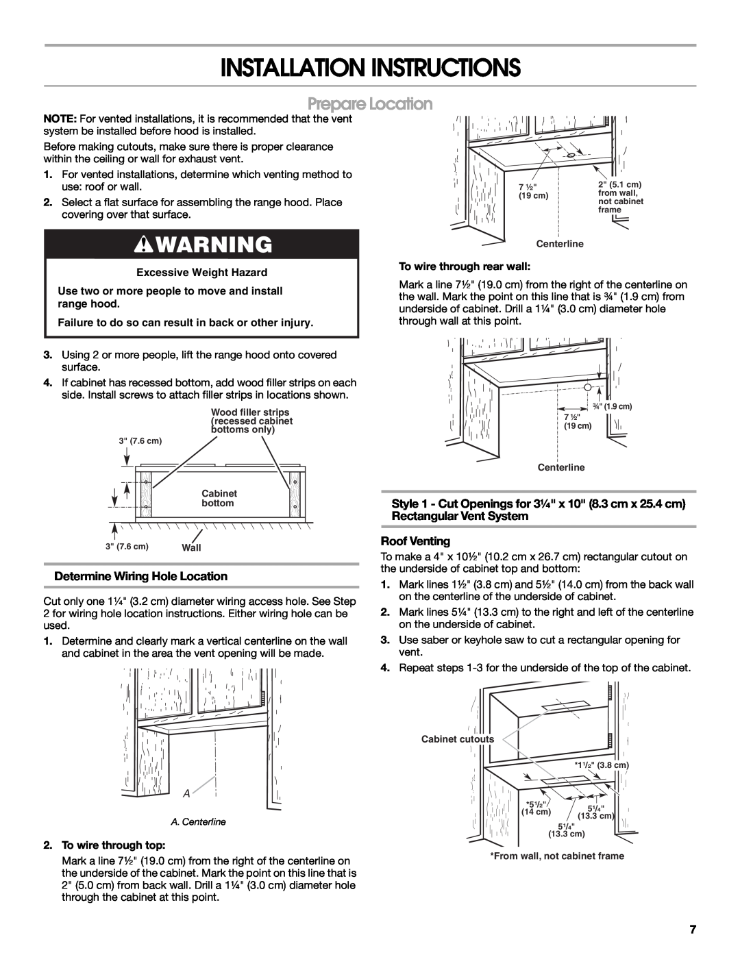 Whirlpool 99044504A, W10240546A Installation Instructions, Prepare Location, Determine Wiring Hole Location, Roof Venting 