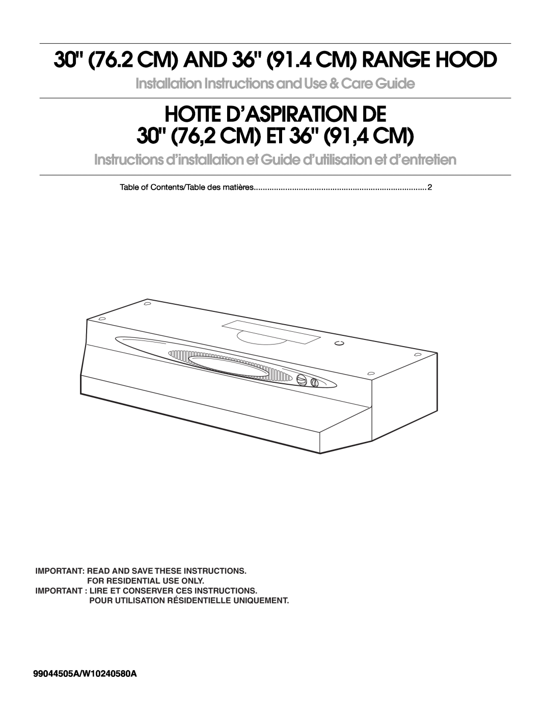 Whirlpool installation instructions 99044505A/W10240580A, 30 76.2 CM AND 36 91.4 CM RANGE HOOD 