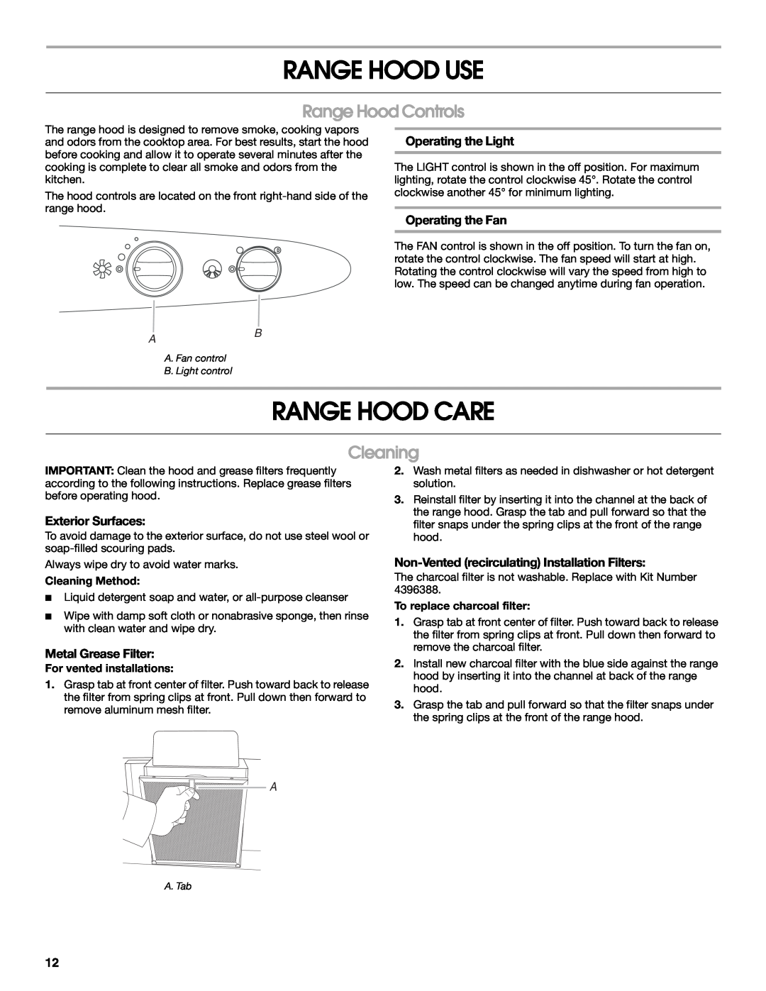 Whirlpool W10240580A Range Hood Use, Range Hood Care, Range Hood Controls, Operating the Light, Cleaning Method 