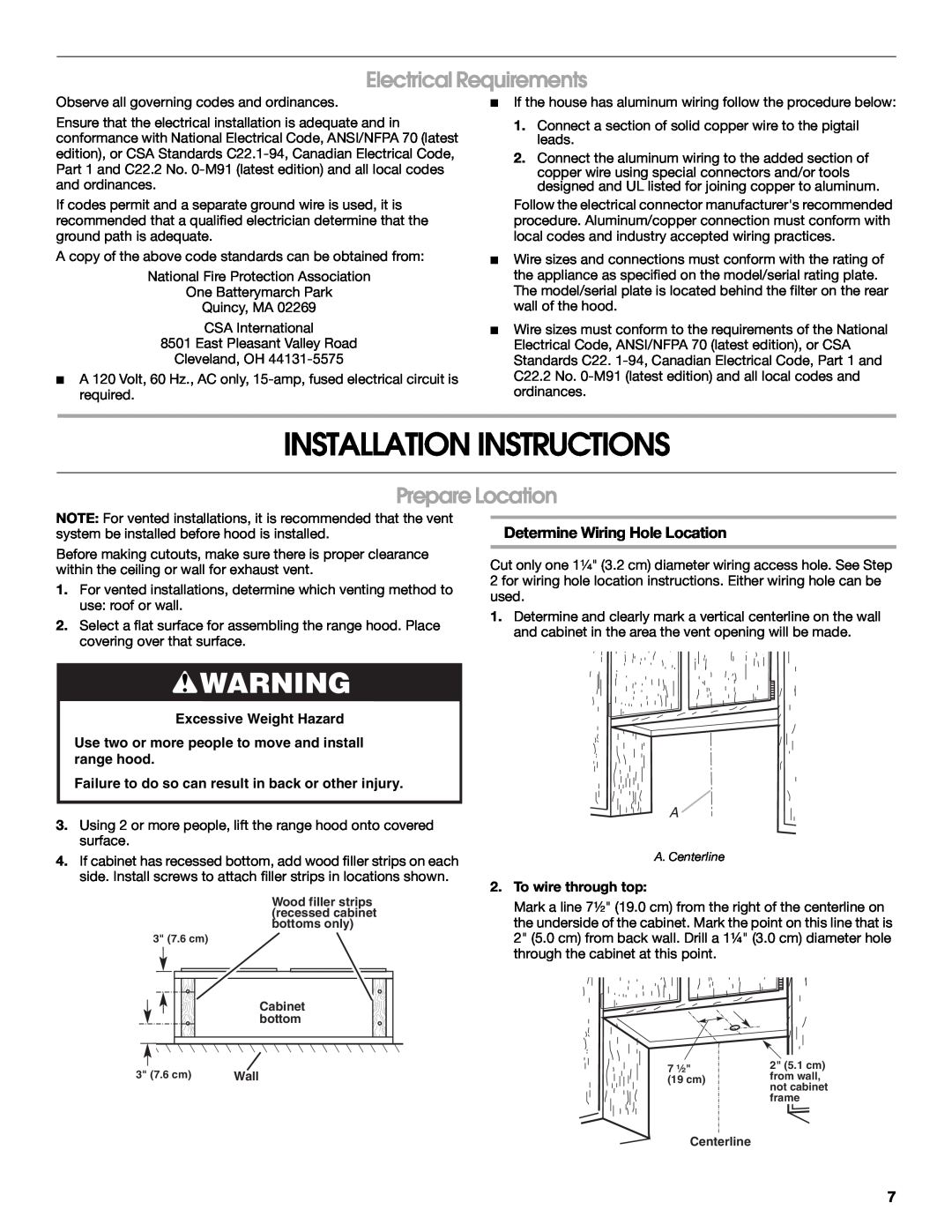 Whirlpool 99044505A Installation Instructions, Electrical Requirements, Prepare Location, Determine Wiring Hole Location 