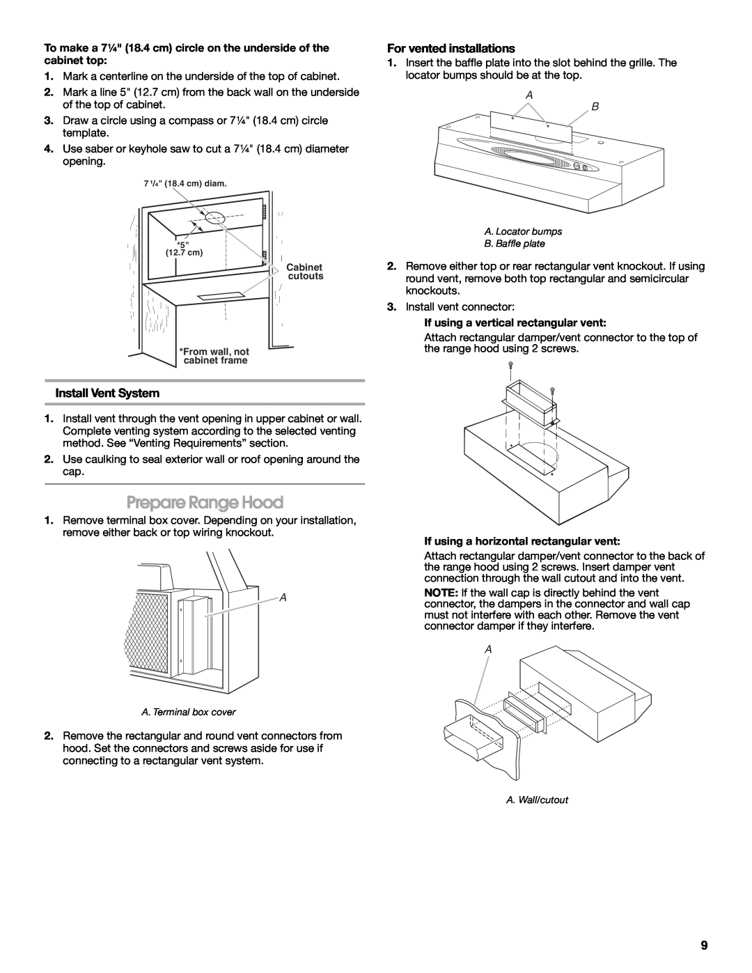 Whirlpool 99044505A, W10240580A installation instructions Prepare Range Hood, For vented installations, Install Vent System 
