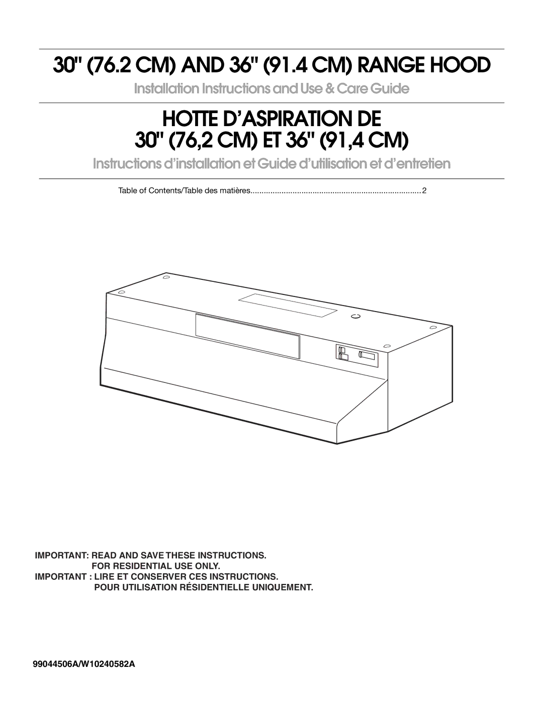 Whirlpool 99044506A, W10240582A installation instructions Hotte D’ASPIRATION DE 