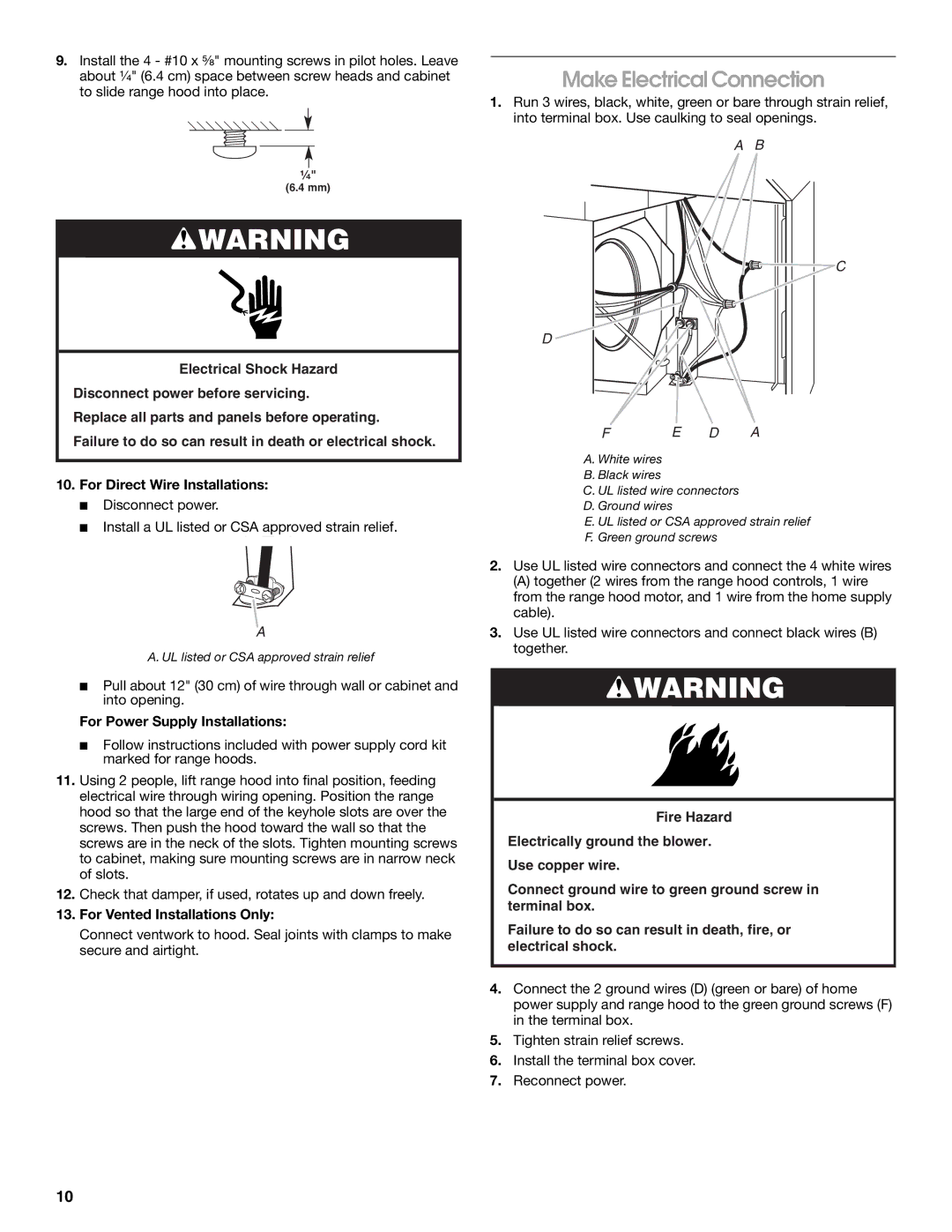 Whirlpool W10240582A, 99044506A Make Electrical Connection, For Power Supply Installations, For Vented Installations Only 