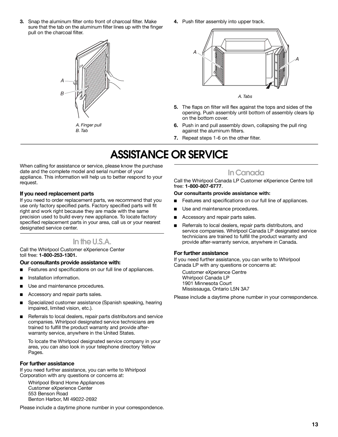 Whirlpool 99044506A, W10240582A installation instructions Assistance or Service, U.S.A, Canada 