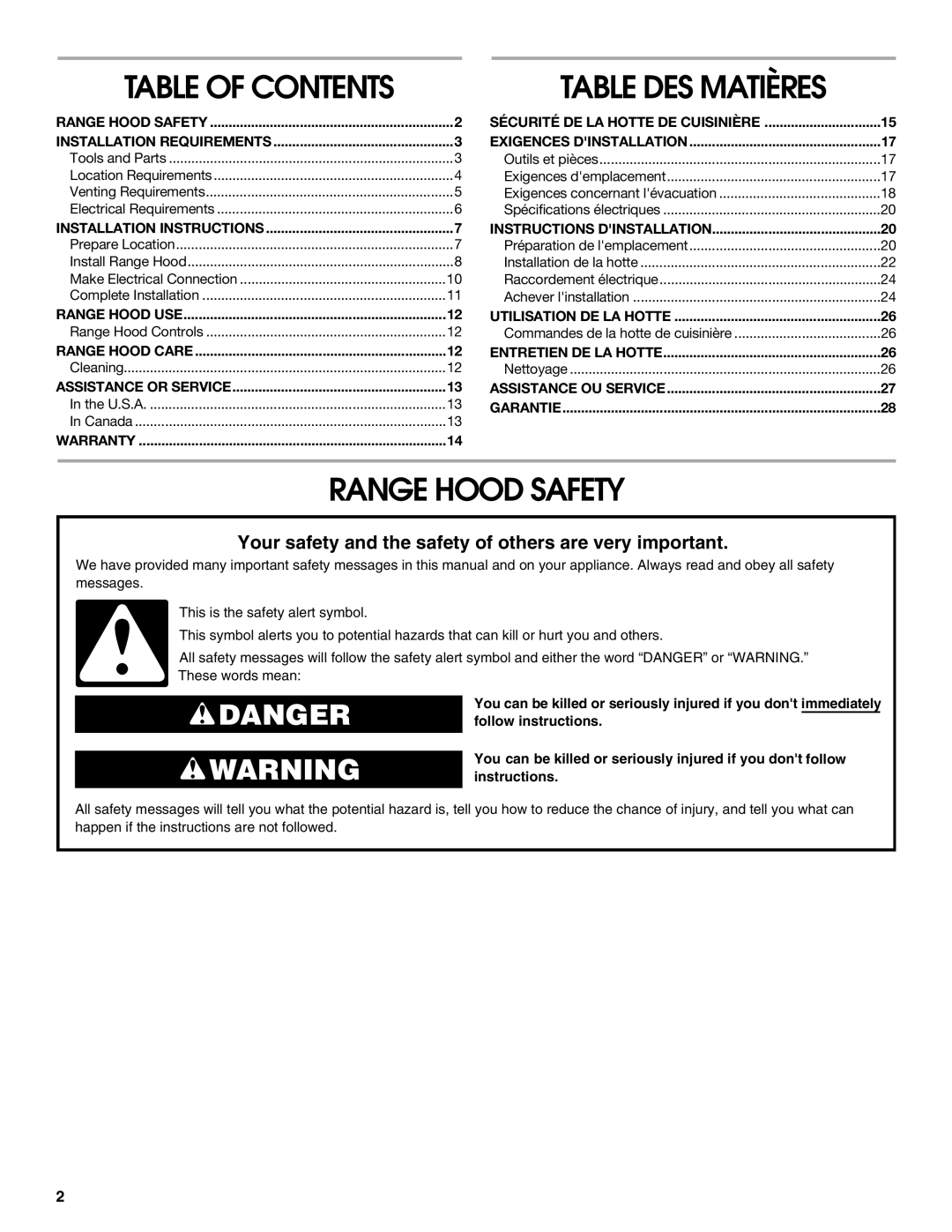 Whirlpool W10240582A, 99044506A installation instructions Range Hood Safety, Table of Contents 