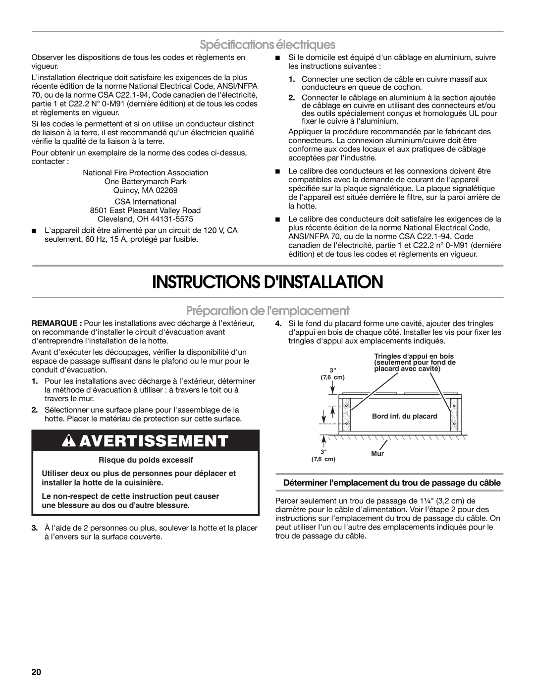 Whirlpool W10240582A, 99044506A Instructions Dinstallation, Spécifications électriques, Préparation de lemplacement 