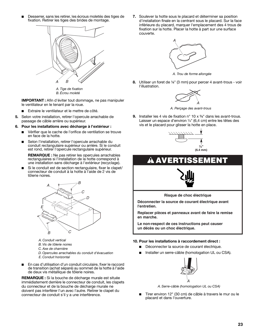 Whirlpool 99044506A Pour les installations avec décharge à l’extérieur, Pour les installations à raccordement direct 