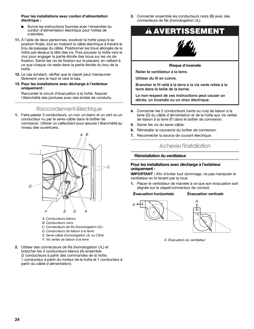 Whirlpool W10240582A Raccordement électrique, Achever linstallation, Évacuation horizontale Évacuation verticale 