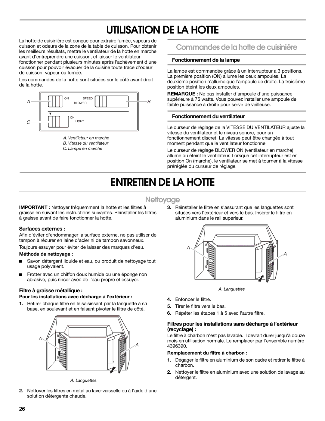 Whirlpool W10240582A Utilisation DE LA Hotte, Entretien DE LA Hotte, Commandes de la hotte de cuisinière, Nettoyage 