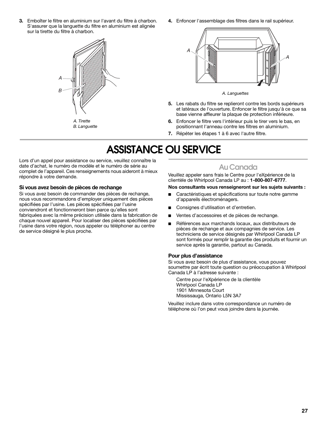 Whirlpool 99044506A Assistance OU Service, Au Canada, Si vous avez besoin de pièces de rechange, Pour plus d’assistance 