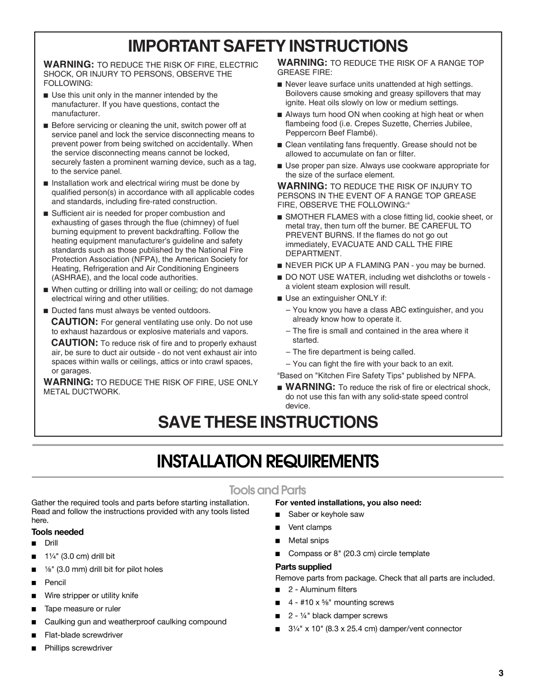 Whirlpool 99044506A, W10240582A Installation Requirements, Tools and Parts, Tools needed, Parts supplied 