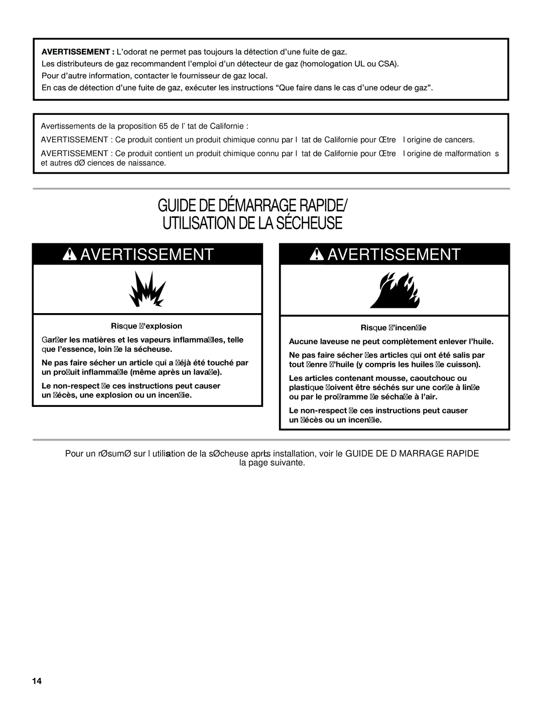 Whirlpool W10240879B - SP, W10240872B quick start Guide DE Démarrage Rapide Utilisation DE LA Sécheuse, Avertissement 