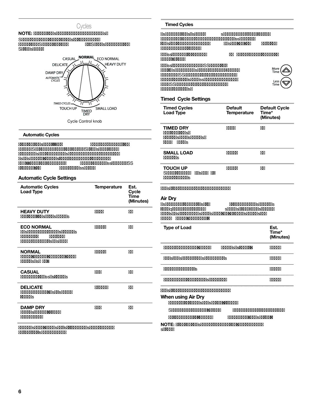 Whirlpool W10240879B - SP, W10240872B Cycles, Automatic Cycle Settings, Timed Cycle Settings, When using Air Dry 