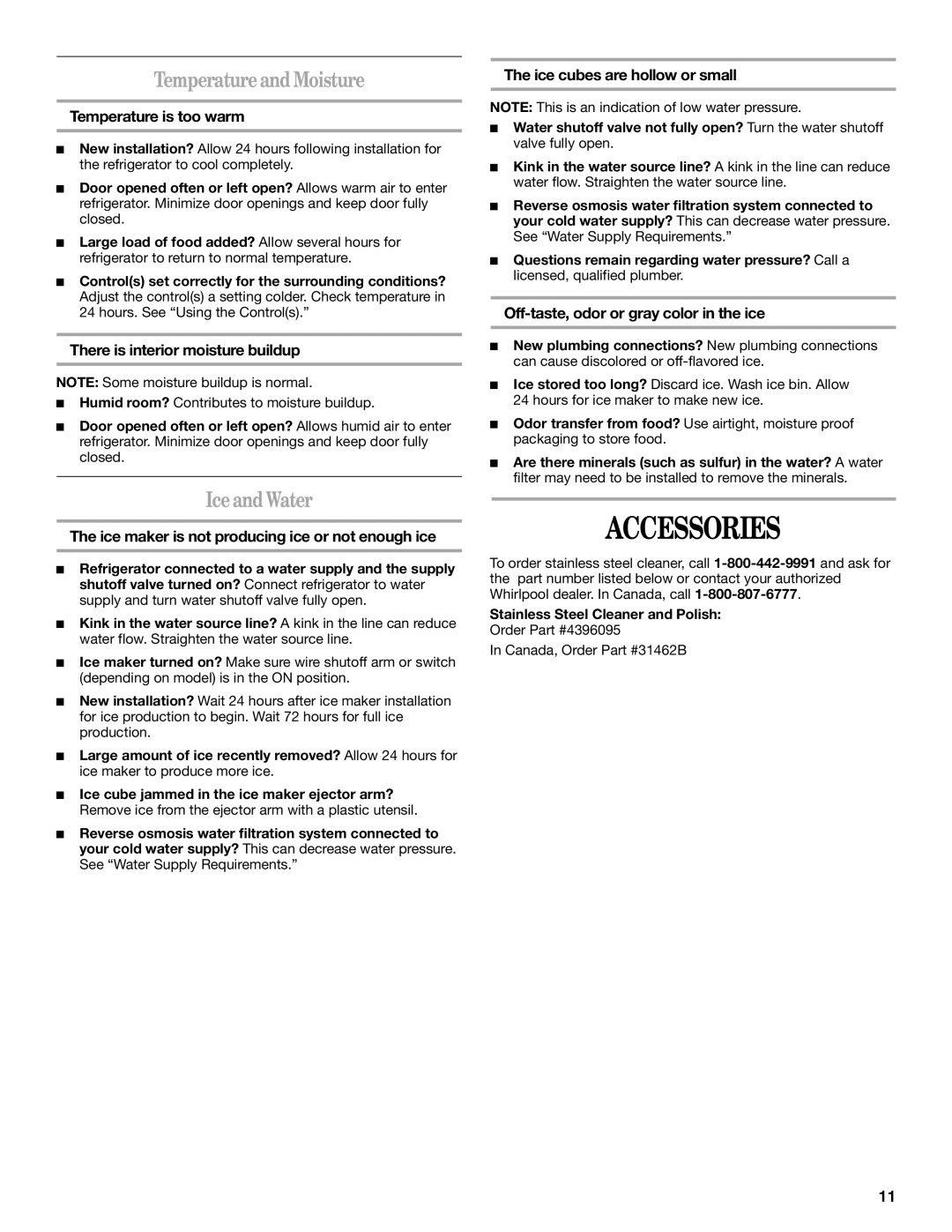 Whirlpool W10249203A, W10249202A installation instructions Accessories, Temperature and Moisture, Iceand Water 