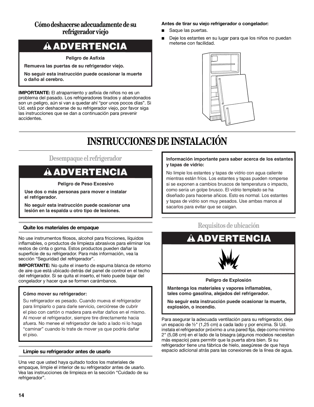 Whirlpool W10249202A, W10249203A Instrucciones DE Instalación, Desempaque el refrigerador, Requisitos de ubicación 