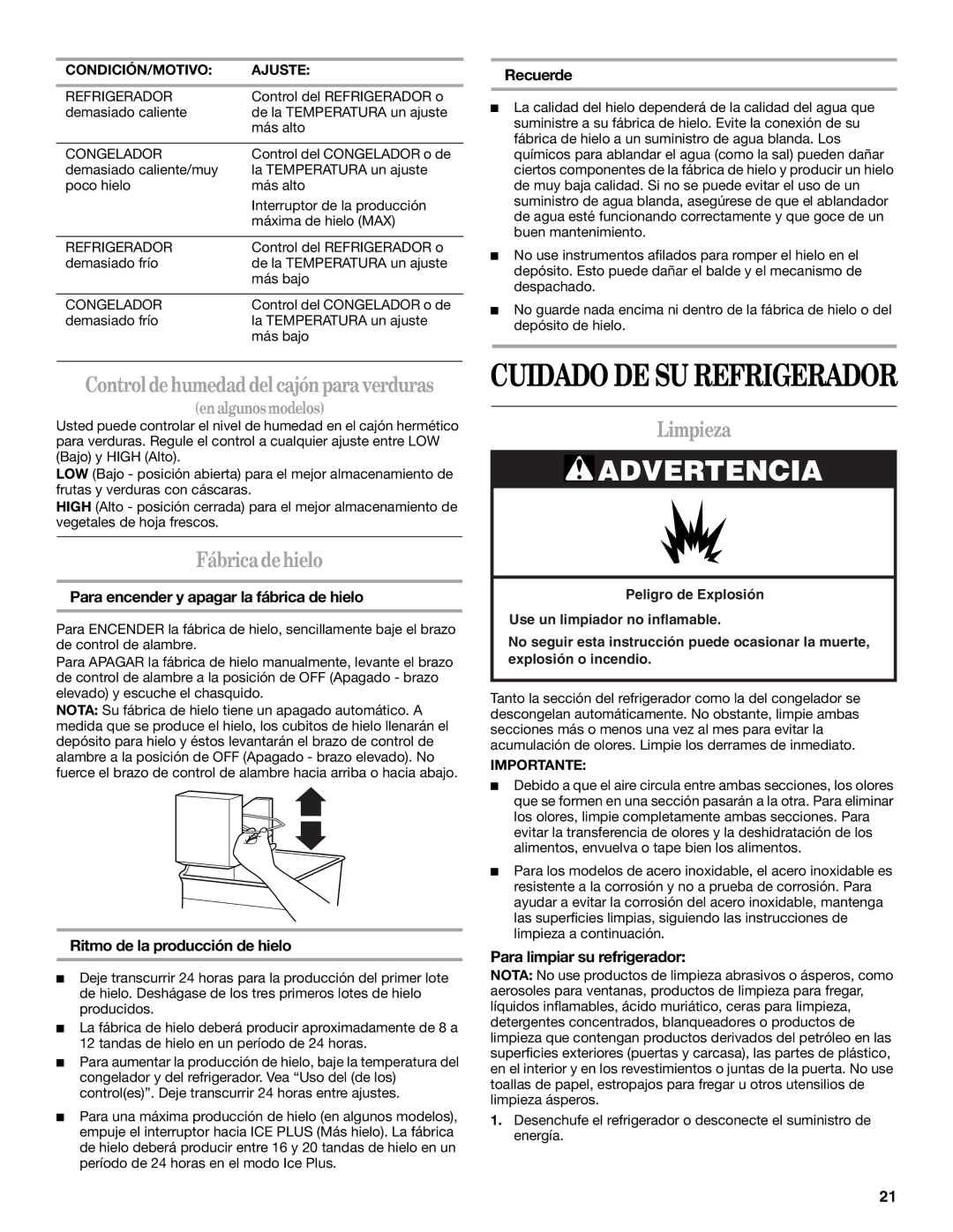 Whirlpool W10249203A, W10249202A installation instructions Fábrica de hielo, Limpieza 