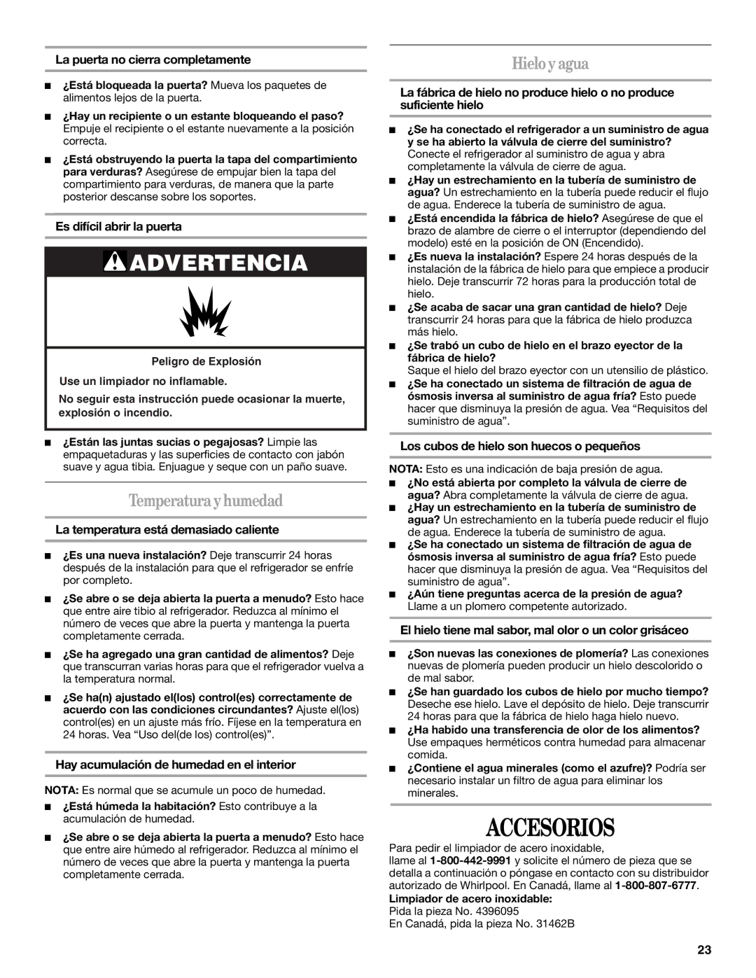 Whirlpool W10249203A, W10249202A installation instructions Accesorios, Temperatura y humedad, Hielo y agua 