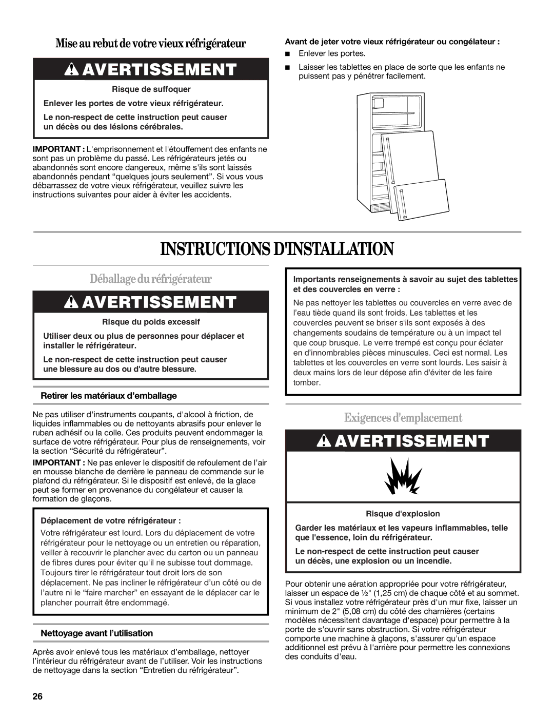 Whirlpool W10249202A, W10249203A Instructions Dinstallation, Déballagedu réfrigérateur, Exigences demplacement 