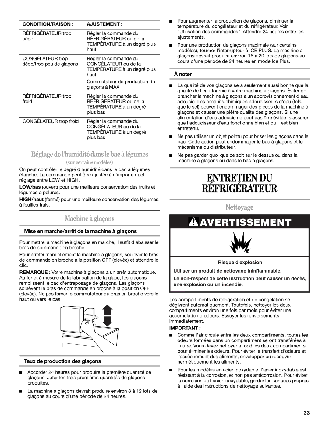 Whirlpool W10249203A, W10249202A Entretien DU Réfrigérateur, Machine à glaçons, Nettoyage, Taux de production des glaçons 