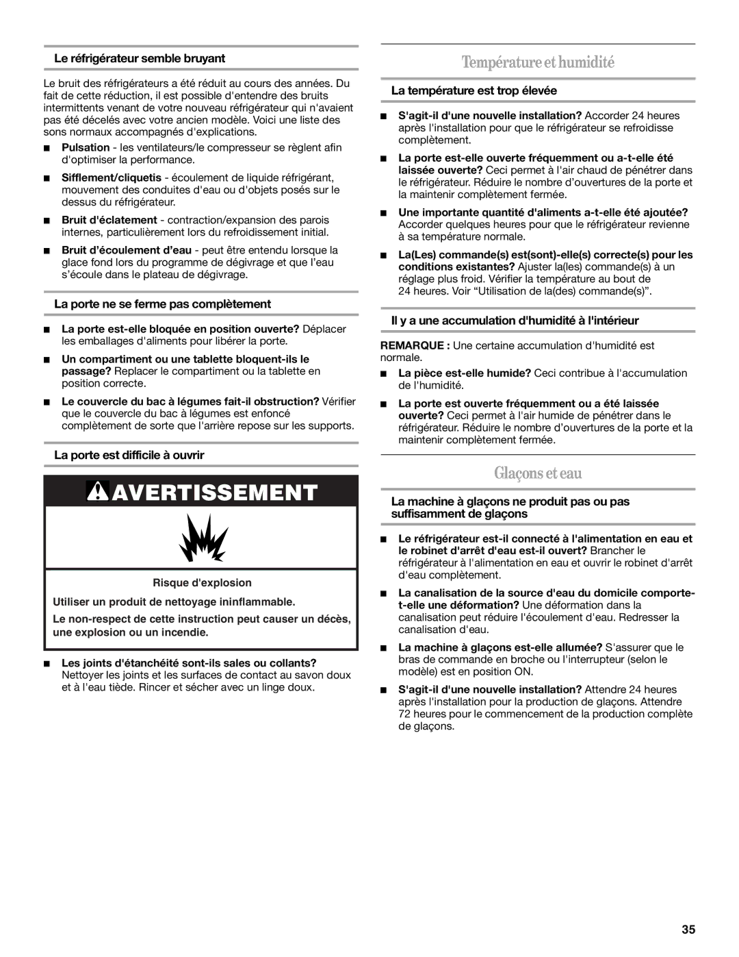 Whirlpool W10249203A, W10249202A installation instructions Température et humidité, Glaçons et eau 