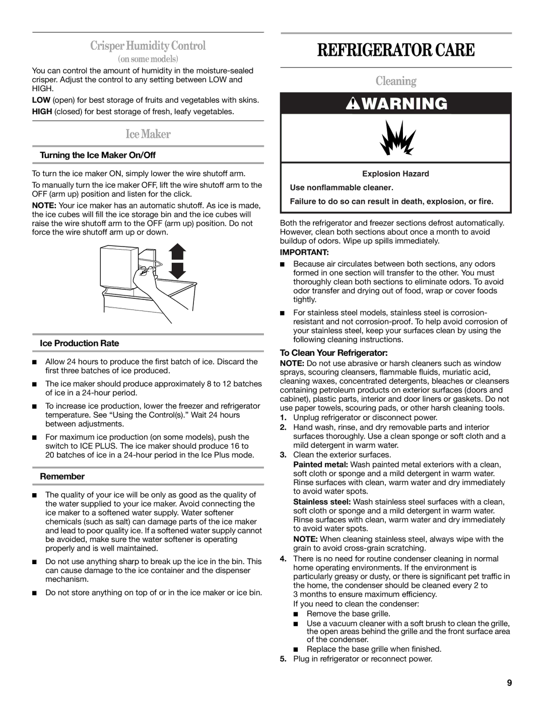 Whirlpool W10249203A, W10249202A installation instructions Refrigerator Care, Crisper Humidity Control, Ice Maker, Cleaning 