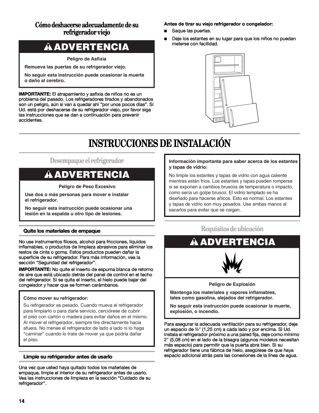 Whirlpool W10249202A Instrucciones De Instalación, Advertencia, Cómo deshacerse adecuadamente de su refrigerador viejo 