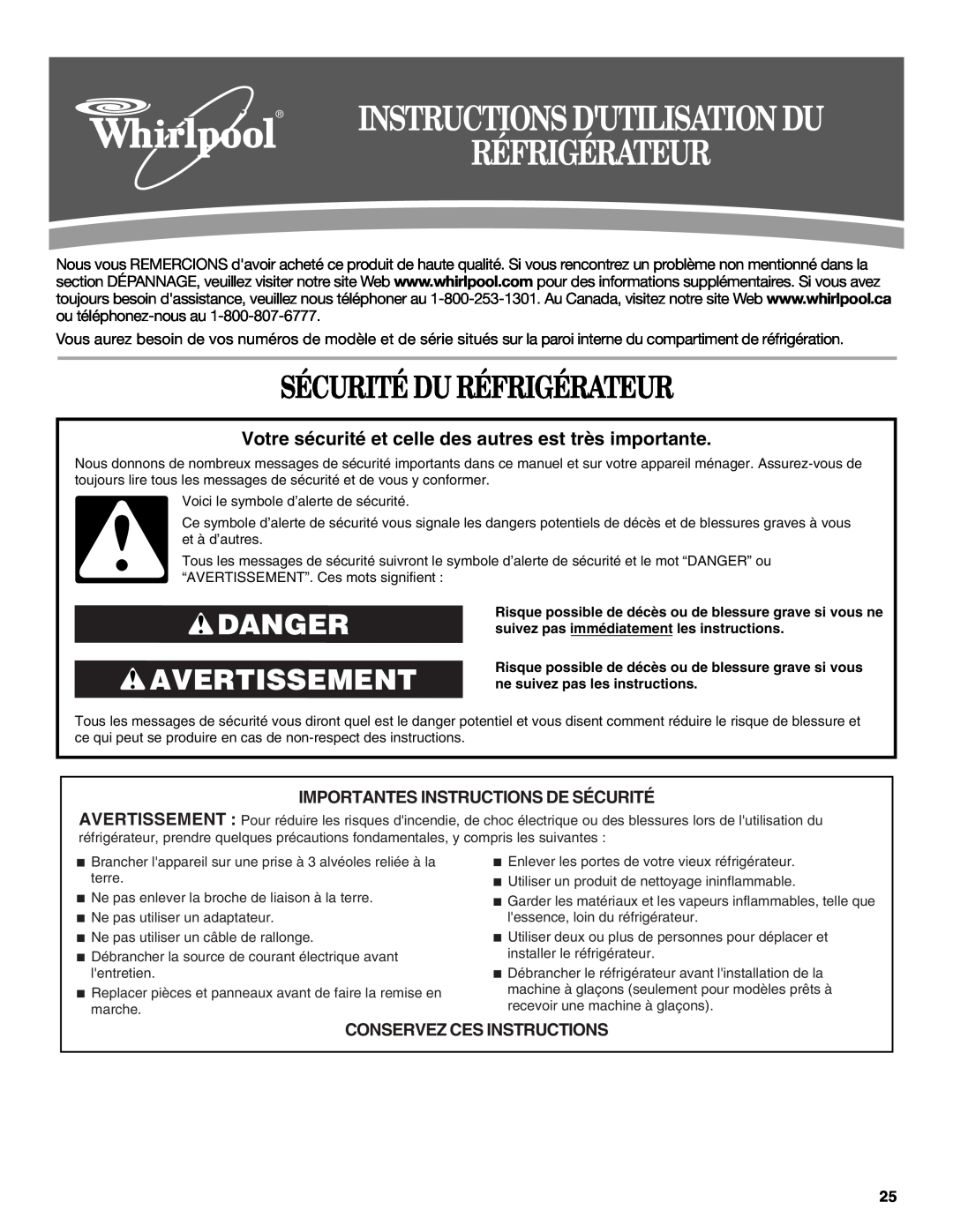 Whirlpool W10249203A, W10249202A Sécurité Du Réfrigérateur, Danger Avertissement, Instructions Dutilisation Du 