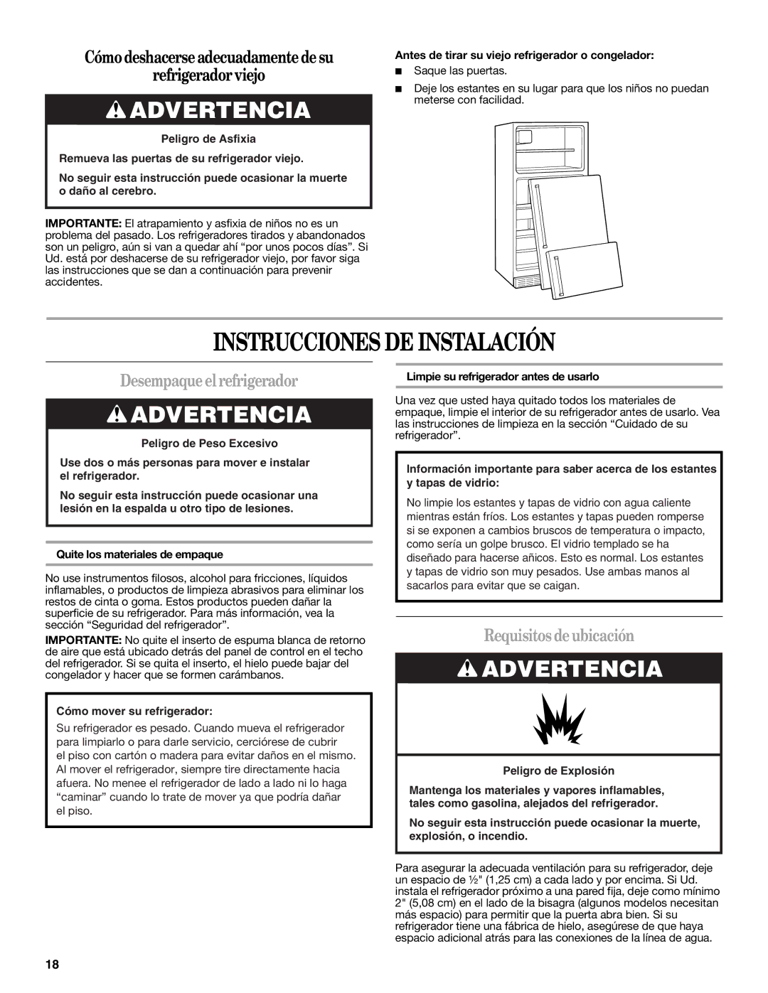 Whirlpool W10249204A, W10249205A Instrucciones DE Instalación, Desempaque el refrigerador, Requisitos de ubicación 