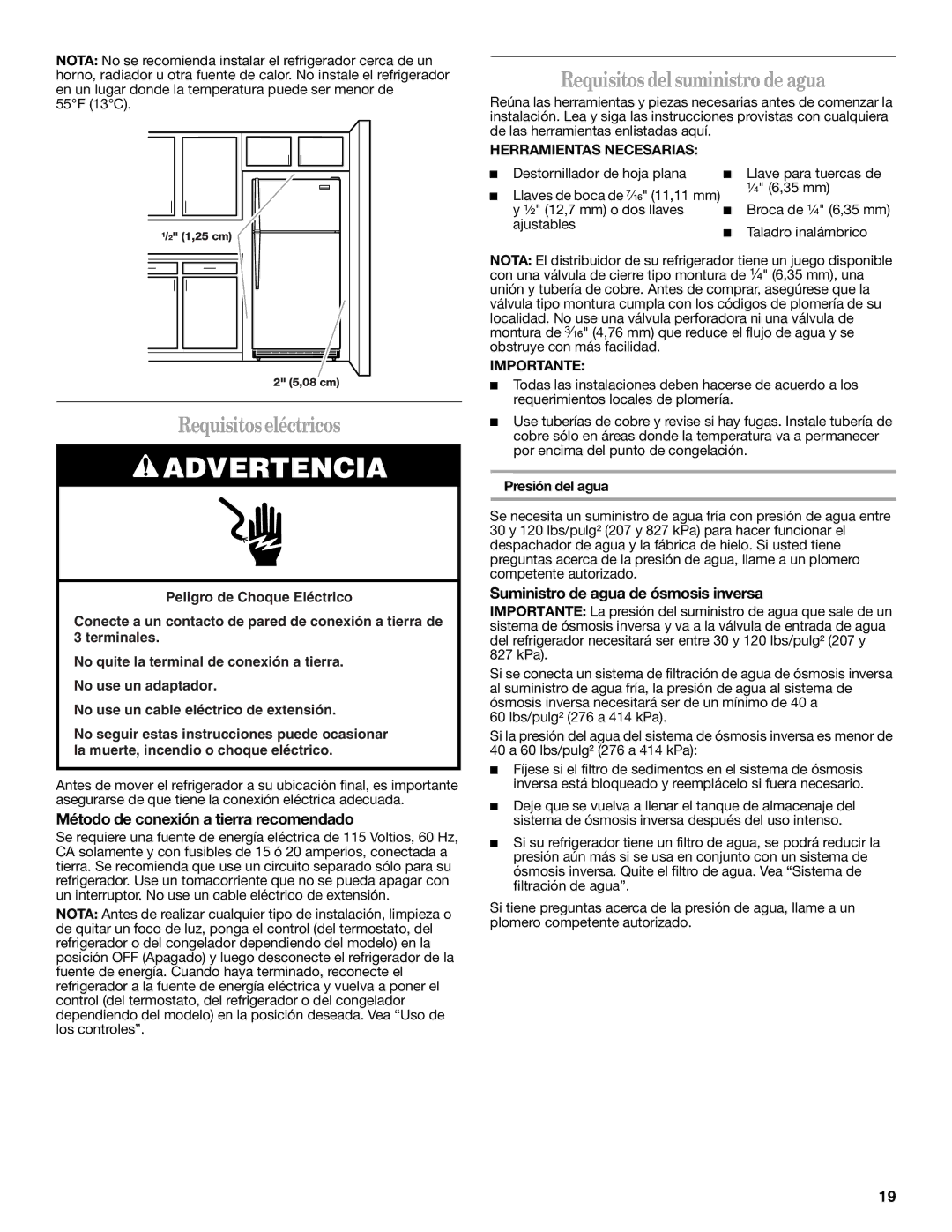 Whirlpool W10249205A Requisitos eléctricos, Requisitos del suministro de agua, Método de conexión a tierra recomendado 